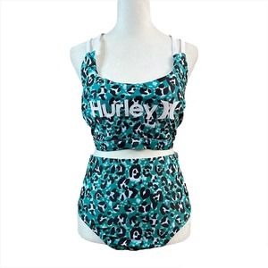 NWT - Hurley Green Leopard Print Two Piece Swimwear (Size: 1X)